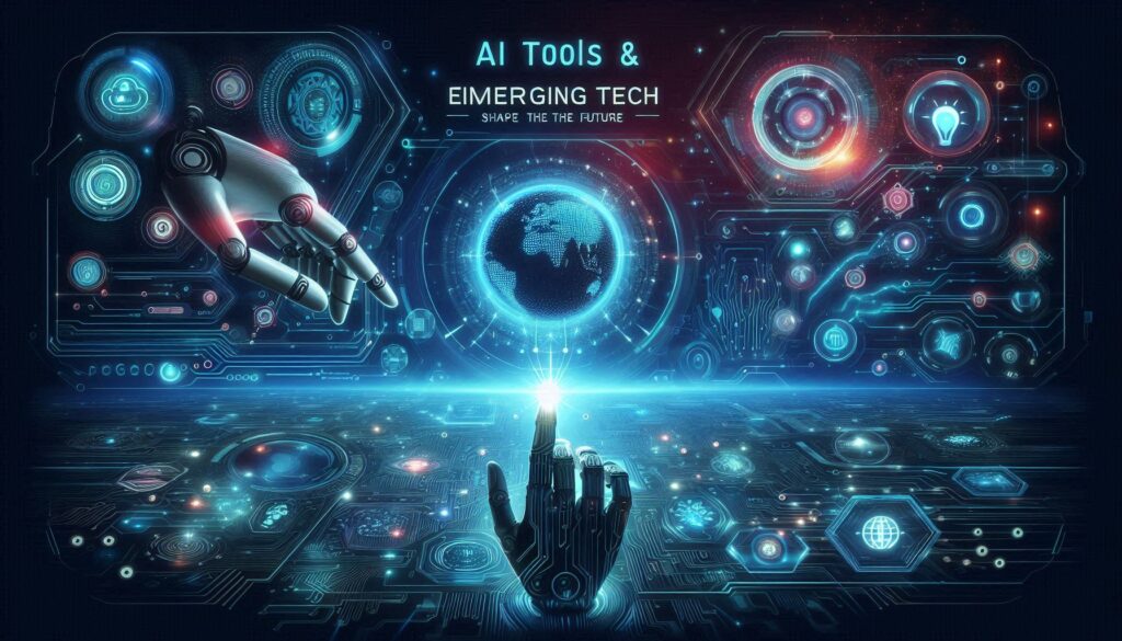 AI interface or tech innovation AI and Tech Trends: Insights, Tools, and Future Perspectives — showcasing futuristic robotic hands, digital interfaces, and Earth holograms representing the future of technology.
