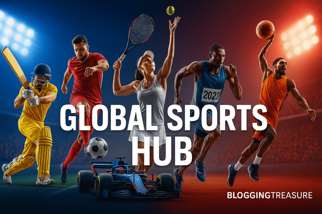 Dynamic sports scene featuring athletes playing football, basketball, and cricket, showcasing vibrant colors and an energetic atmosphere for BloggingTreasure's Sports News & Updates.
