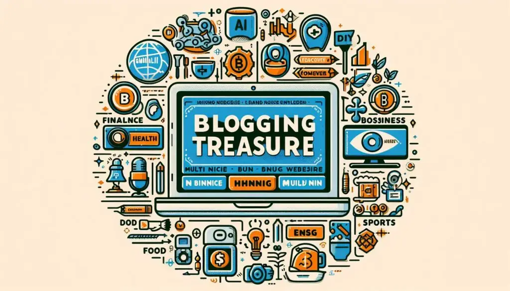 Showcasing the multi-niches with brand name blogging treasure Multi-Niche Blogs | Explore BloggingTreasure & Stay Inspired. The image showcases the BloggingTreasure brand with multi-niche icons and names, including news, tech, AI, health, finance, business, fashion, DIY, and sports, symbolizing diverse Multi-Niche Blogs for daily inspiration.