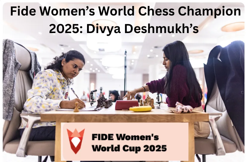 Home FIDE Women’s World Chess Championship 2025: Divya Deshmukh's. Winner graphic with two blurred female chess players shaking hands across the board; bold white title text over a soft-focus background, and a red crown-shaped chess logo at the bottom left with 'FIDE Women’s World Cup 2025' text.